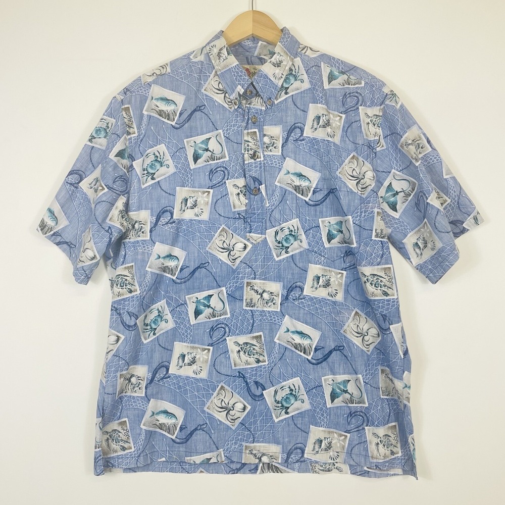 Hilo‎ Hattie Men Large Top Shirt Blue Sea Life Hawaiian Tropical Cruise Vacation